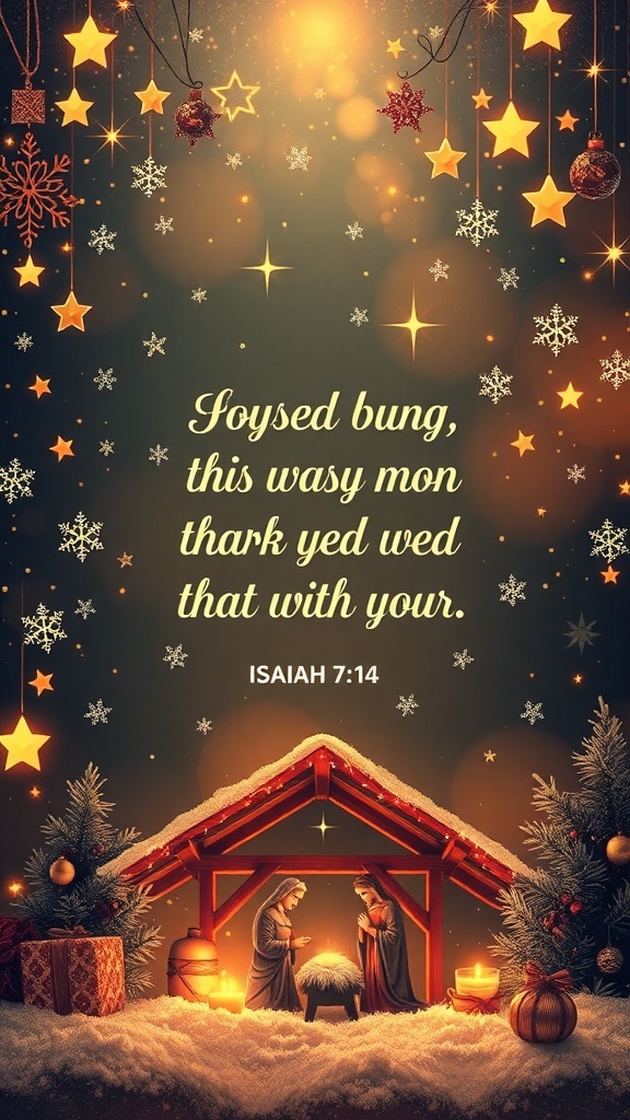 Christmas wallpaper with Isaiah 7:14 verse, decorated with festive elements.